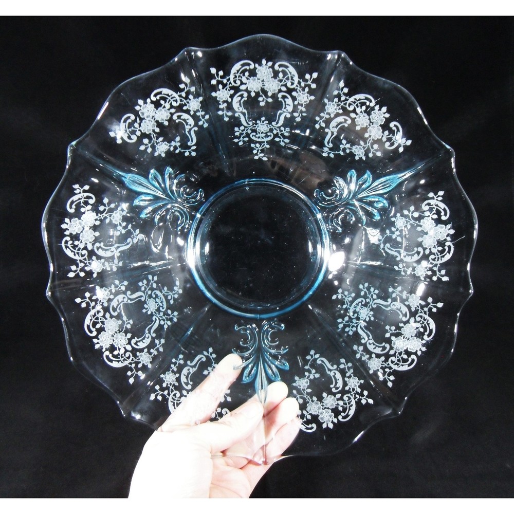 RARE Fostoria 11" Meadow Rose Blue Etched Console Salad Serving Bowl 1936 - 1943